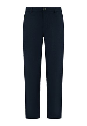 Pantaloni blu navy realizzati in un tessuto liscio, dotati di chiusura con bottone, tasche frontali e un discreto dettaglio del logo verde in vita.