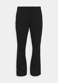 Black, straight-leg pants made of smooth fabric, featuring a standard waistband, front pockets, and minimal stitching details.