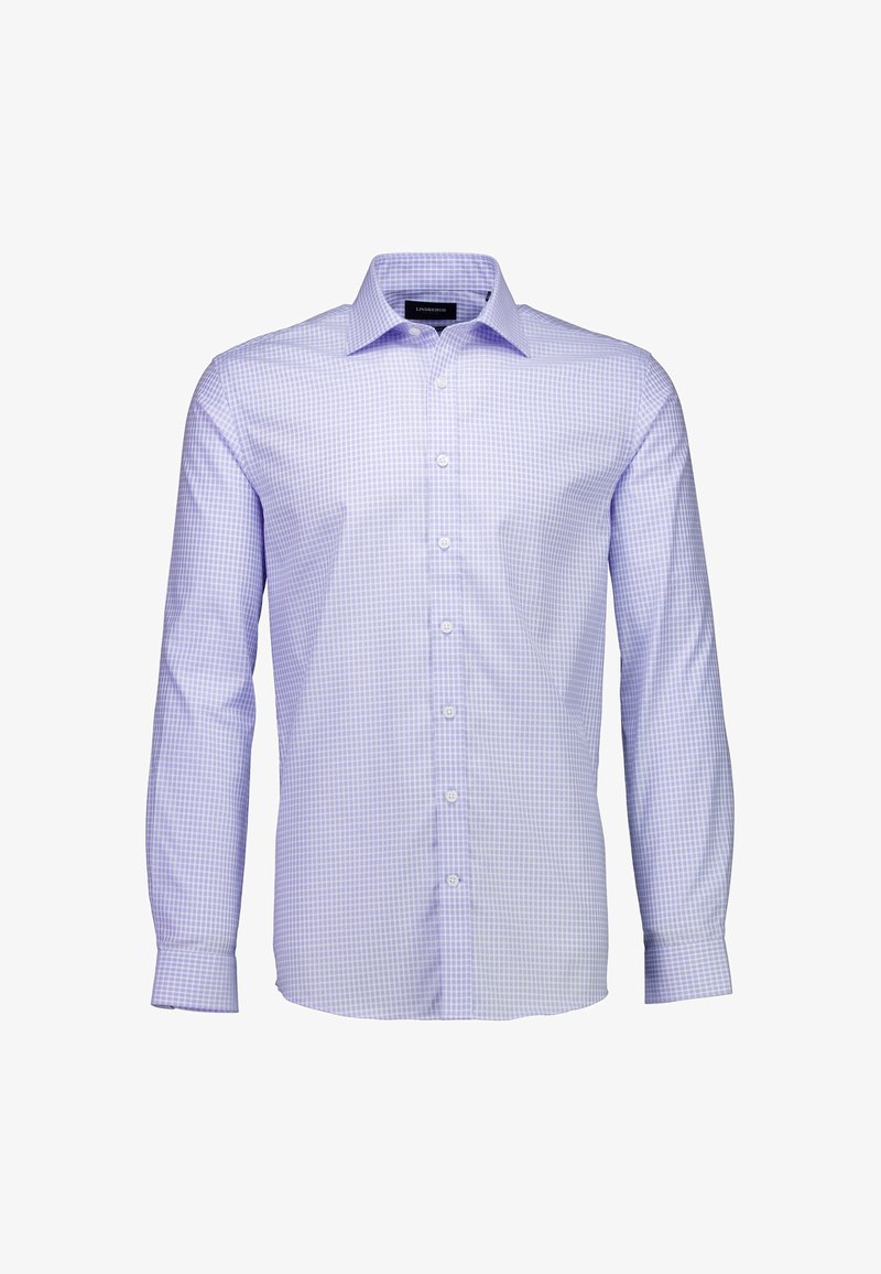 Jasnofioletowa koszula w kratkę na guziki, z długimi rękawami, ostro zakończonym kołnierzem i białymi guzikami. Tkanina ma gładką fakturę.