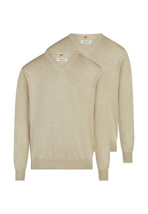Due maglioni beige a maniche lunghe con scollo a V, polsini e orli a coste, sovrapposti e disposti su uno sfondo bianco.