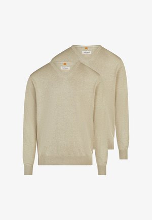 To beige V-hals langærmede sweatere med ribstrikkede manchetter og kanter, vist overlappende på en hvid baggrund.