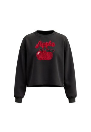 Sort sweatshirt med rød paliettekst ""Apple"" og to røde palietæbler med grønne blade foran.