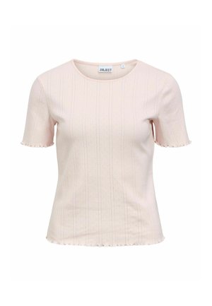 Haut côtelé rose clair à manches courtes avec des motifs verticaux subtils et des bords froncés aux manches et à l'ourlet, étiqueté .OBJECT.