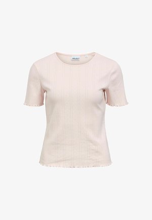 Haut côtelé rose clair à manches courtes avec des motifs verticaux subtils et des bords froncés aux manches et à l'ourlet, étiqueté .OBJECT.