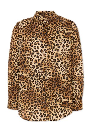 Chemise à manches longues boutonnée avec imprimé léopard dans des tons marron, noir et beige, dotée d'un col classique.