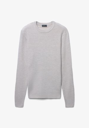 Helles graues Strickpullover mit Rundhalsausschnitt, gerippter Struktur und langen Ärmeln. Verfügt über einen geraden Saum und ein dezentes horizontales Streifenmuster.