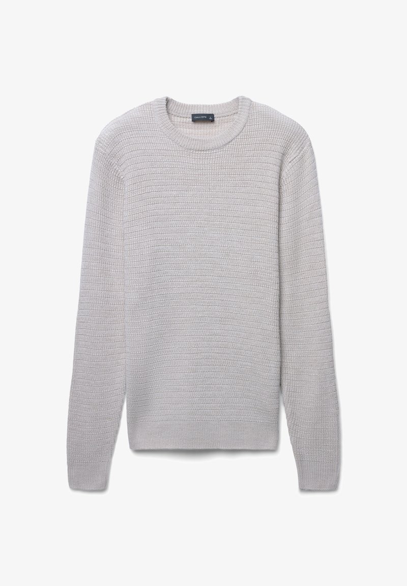 Helles graues Strickpullover mit Rundhalsausschnitt, gerippter Struktur und langen Ärmeln. Verfügt über einen geraden Saum und ein dezentes horizontales Streifenmuster.