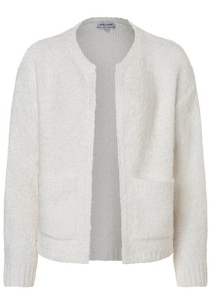 Weißer, strukturierter Cardigan mit rundem Ausschnitt, offenem Vorderteil und zwei vorderen Taschen. Weiches, flauschiges Material mit gerippten Bündchen und Saum.