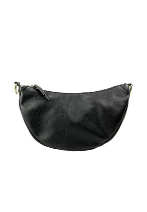 Black leather handbag with a soft, textured finish. Features a curved shape, zip closure, and gold-tone hardware accents.