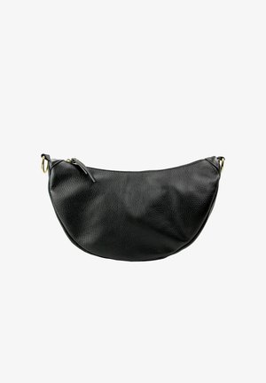 Black leather handbag with a soft, textured finish. Features a curved shape, zip closure, and gold-tone hardware accents.