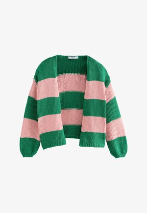 Roheline ja roosa triibuline kudumist cardigan, millel on lõtv lõige, avatud etteosa ja pikad varrukad. Tekstuur on paksem ja hingav.