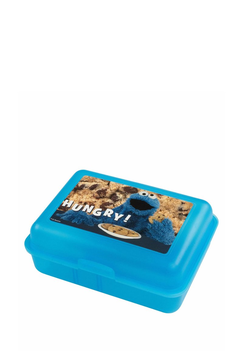 Lunch box rettangolare blu con coperchio di plastica, decorato con il grafico di Cookie Monster che tiene dei biscotti e la scritta "HUNGRY!" sulla parte superiore.