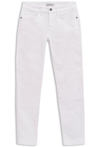 Weiße Slim-Fit-Jeans mit Knopf- und Reißverschluss, Vorder- und Rücktaschen sowie Gürtelschlaufen.