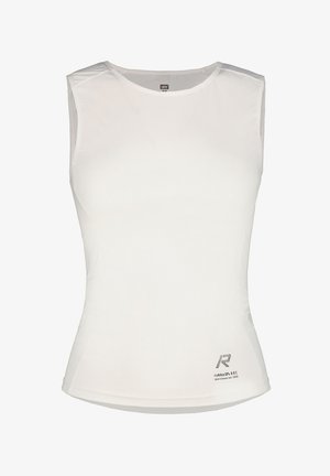 White sleeveless athletic shirt made of lightweight mesh material; features a round neckline, fitted shape, and subtle logo detail at the hem.