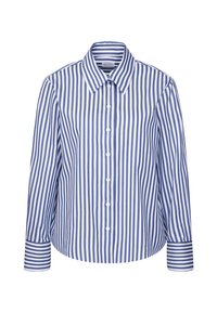 Langärmliges Button-Up-Hemd mit weißen und blauen vertikalen Streifen, weitem Kragen und horizontalen Streifen an den Manschetten.