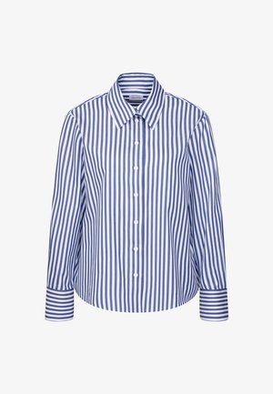 Biała i niebieska pionowo prążkowana koszula z długim rękawem, zapinana na guziki, z szerokim kołnierzem i poziomymi paskami na mankietach.