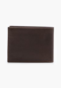 Brown leather wallet with a smooth finish, bi-fold design, and contrasting yellow stitching along the edges. Simple, elegant structure.