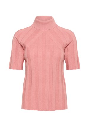 Rózsaszín bordás kötött, rövidujjú pulóver, fitted magas garbónyakkal és függőleges csíkozással.