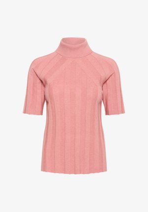 Roze geribbelde gebreide trui met korte mouwen, een gevormde hoge col en een verticale streepjespatroon.