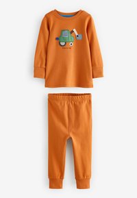 Chemise orange à manches longues avec un graphisme de tracteur vert et le texte "il est temps de creuser !" assortie à un pantalon orange avec des poignets élastiques.