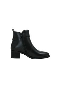 Stivale alla caviglia in pelle nera con zip laterale, punta rotonda e tacco basso a blocco. Presenta due cinturini decorativi attorno alla caviglia.