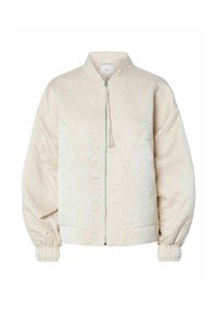 Giacca bomber trapuntata in crema chiaro, con colletto alto, chiusura con zip e polsini arricciati. Il tessuto presenta un delicato motivo testurizzato.