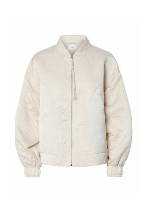 Gep quiltete Bomberjacke in hellem Creme, mit hohem Kragen, Reißverschluss und gerafften Bündchen. Der Stoff hat ein dezentes strukturiertes Muster.