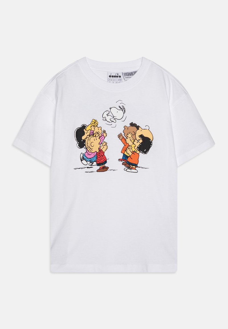 Weißes Baumwoll-T-Shirt mit einem bunten Cartoon-Print von vier interagierenden Charakteren, kurzenÄrmeln und einem lässigen Schnitt.