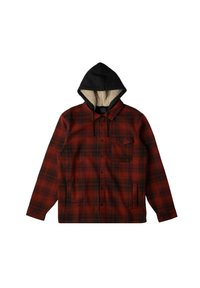 Red and black plaid shirt jacket with a black hood, featuring a soft interior lining, button front, and one chest pocket.