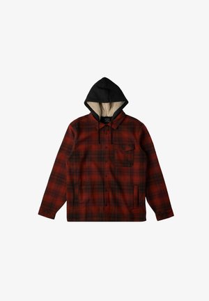 Red and black plaid shirt jacket with a black hood, featuring a soft interior lining, button front, and one chest pocket.