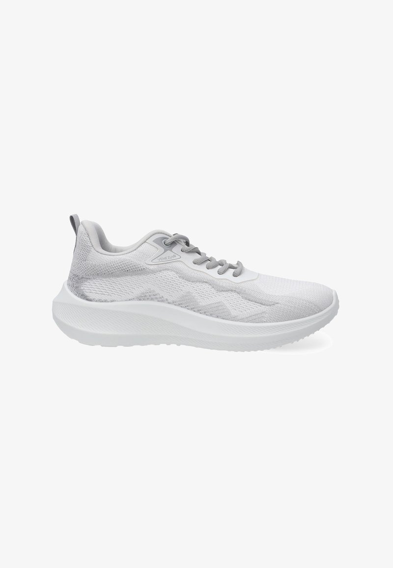 Light grey athletic shoe with a textured knit upper, white sole, and subtle zigzag pattern on the side, featuring gray laces and a pull tab.