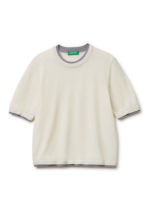 Crème korte mouw gebreide trui met grijze geribbelde rand aan de kraag, mouwboorden en zoom, met label United Colors of Benetton.