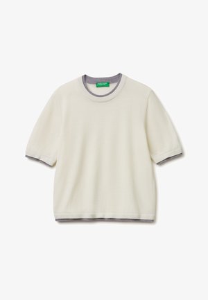 Krémový krátký rukáv pletený svetr se šedým žebrovaným lemem na límci, manžetách rukávů a spodním lemu, označený United Colors of Benetton.