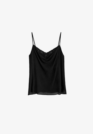 Schwarzes ärmelloses Camisole mit dünnen Trägern und Spitzenbesatz entlang des drapierten Ausschnitts, aus leichtem Stoff gefertigt.