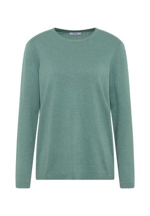 Mintgroene lange mouwen trui van een zachte brei stof. Beschikt over een ronde halslijn en geribbelde manchetten en zoom. Eenvoudig ontwerp, zonder patronen of accenten.