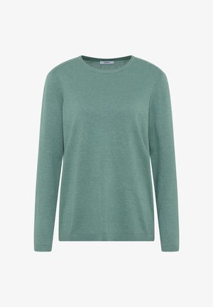 Miętowozielony sweter z długim rękawem, uszyty z miękkiej dzianiny. Posiada okrągły dekolt oraz ściągacze przy mankietach i dolnej krawędzi. Prosty design, bez wzorów czy akcentów.