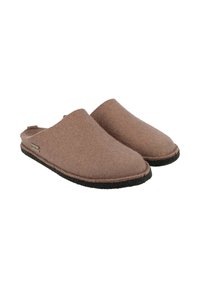 Bruine vilten slippers met een gladde textuur en een ronde voorkant, voorzien van een zwarte rubberen zool en een open achterkant.