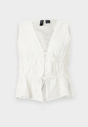 Λευκό αμάνικο μπλουζάκι με V-λαιμόκοψη, κεντήματα με λουλούδια, ζωνάκι στη μέση και δέσιμο στο μπροστινό μέρος και στο τελείωμα.