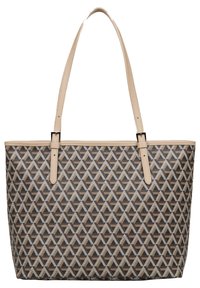 Sac fourre-tout avec motif géométrique marron et anses en cuir beige ; présente une forme rectangulaire et des détails cousus.