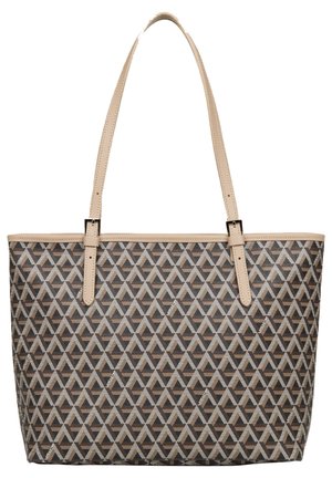 Brown geometric patterned tote bag with beige leather straps and accents; features a rectangular shape and stitched detailing.