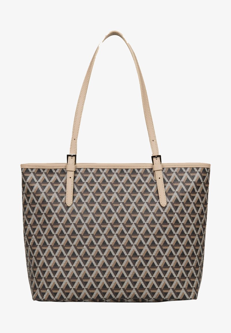 Sac fourre-tout avec motif géométrique marron et anses en cuir beige ; présente une forme rectangulaire et des détails cousus.