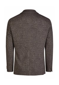 Brown herringbone blazer with a textured finish, single-breasted design, notched collar, and buttoned cuffs. Plain back view.