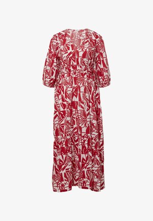 Robe maxi à motifs rouges et blancs avec des manches ballons, une taille cintrée et des volants superposés au bas. Fabriquée en tissu léger.