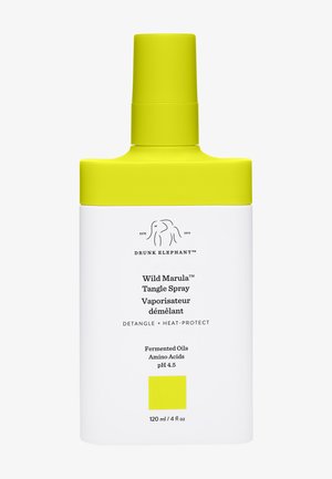 Drunk Elephant Wild Marula™ Tangle Spray in einer weißen Flasche mit einer leuchtend gelben Sprühkappe. 120 ml Volumen, enthält Produktdetails in schwarzem Text.