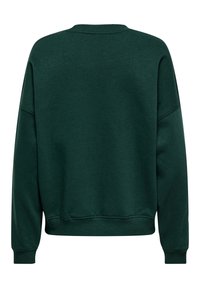 Sweat-shirt vert foncé à manches longues, poignets, ourlet et encolure ronde côtelés, présenté de dos sur fond blanc.