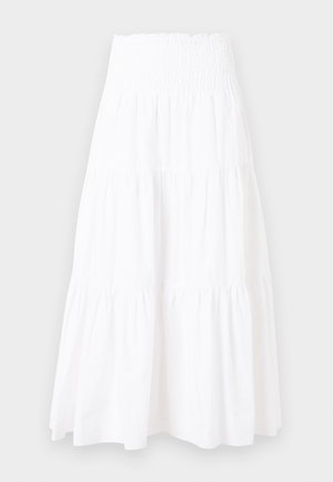 Bela maksi krilo z več plastmi, z raztegljivim elastičnim pasom z naborki in paneli z nabranim blago.