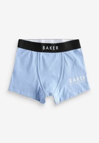 Svijetloplave bokserice izrađene od mekog materijala s crnim elastičnim pojasom na kojem je na prednjoj strani ispisano "BAKER" bijelim slovima.