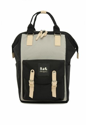 Black and gray backpack with textured fabric, dual top handles, front pocket with buckle closures, and a logo patch. Sturdy design.