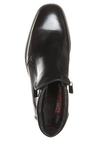 Bottine en cuir noir à finition lisse, avec bout arrondi, panneaux élastiques latéraux et col rembourré pour le confort. Intérieur doublé d'un matériau doux.