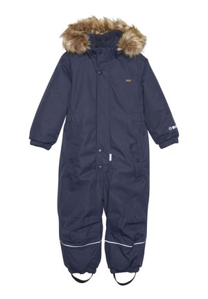 Navy blue insulated snowsuit with faux fur hood, snap buttons, and elastic cuffs. Features reflective strip and adjustable foot straps.